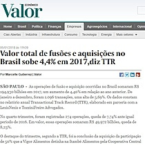 Valor total de fuses e aquisies no Brasil sobe 4,4% em 2017, diz TTR